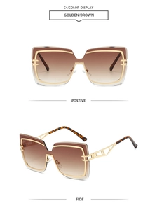 Front and side views of gold rimless square sunglasses with brown gradient lenses