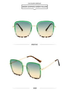 Vue détaillée des lunettes de soleil carrées léopard vert avec verres dégradés