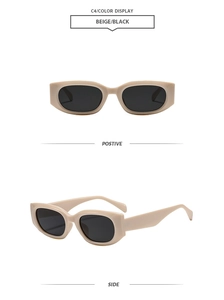 Beige cat eye sunglasses with black lenses showing front and side profile views