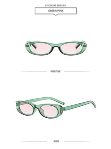 Detail of retro oval small frame sunglasses in translucent green and pink lenses
