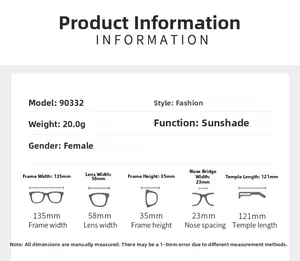 Detailed size specifications for rimless polygon sunglasses featuring frame and lens dimensions