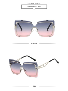 Detail of rimless polygon sunglasses featuring silver metal temples and gradient lenses