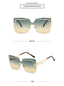 Golden rimless polygon sunglasses with gradient green lenses shown in front and side views