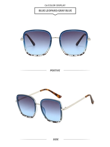 Vues détaillées de lunettes de soleil carrées en métal avec motif léopard bleu
