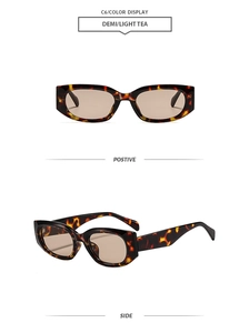 Front and side views of tortoise shell cat-eye sunglasses with dark tea lenses