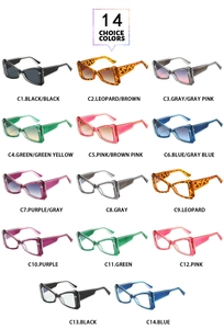 Matrix display of 14 triangle cat-eye sunglasses colors with individual SKU labels