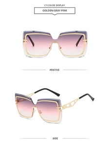 Detail view of oversized rimless polygon sunglasses with golden hollow frames and pink gradient