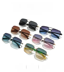 Detail showing vintage metal double-bridge aviator sunglasses in multiple lens colors
