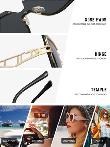 Detail of rimless polygon sunglasses with golden metal hollow temples and soft nose pads