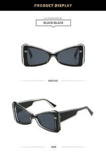 Front and side view of black triangle cat-eye sunglasses with layered frames