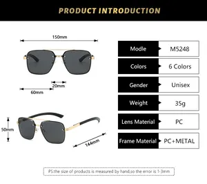 Detailed size chart for retro pilot sunglasses with frame and lens measurements