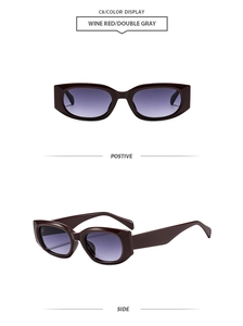Front and side views of vintage wine red cat eye sunglasses with double gray lenses