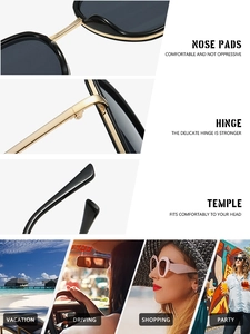 Détails de lunettes de soleil carrées avec charnières en métal et repose-nez