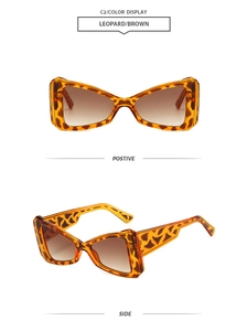 Detailed views of leopard print cateye sunglasses with brown gradient lenses
