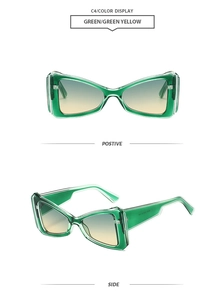 Front and side view of cat eye triangle sunglasses with translucent green frames