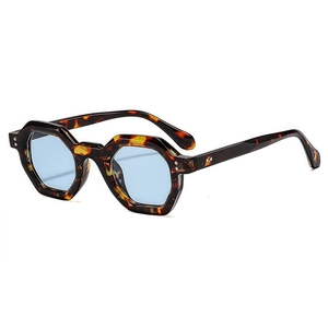 Retro polygon sunglasses with tortoiseshell frames and light blue tinted lenses