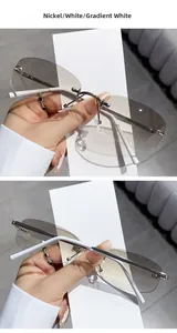 Detail of rimless polygon sunglasses with silver nickel frame and white gradient lens