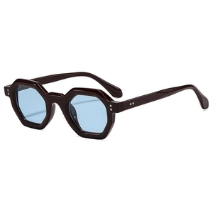 Retro polygon sunglasses with dark brown frame and translucent light blue lenses