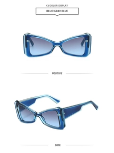 Front and side view of blue translucent cat-eye sunglasses with gradient blue-gray lenses