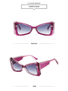 Front and side views of translucent purple cat-eye sunglasses with grey gradient lenses