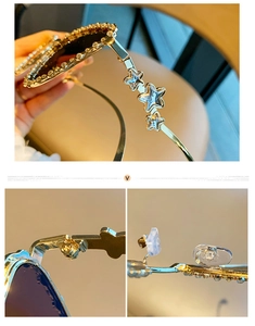 Détails de lunettes œil de chat dorées avec bords en strass et accents d'étoiles sur les branches