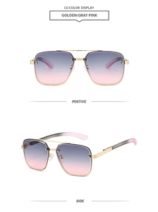 Macro view of golden aviator frame with gray-pink gradient lenses and double bridge