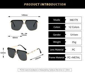 Size chart showing frame dimensions and technical specifications for M6179 retro sunglasses
