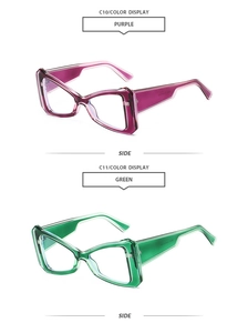Side view of trendy triangle cat-eye sunglasses in transparent purple and green frames