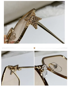 Detail of gold metal sunglasses frame with 3D star decoration and soft nose pads