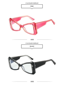 Side view detail of fashion cat eye sunglasses frames in pink and black transparent colors