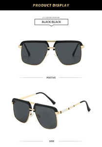 Front and side view of black and gold double bridge oversized square sunglasses