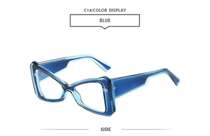 Side view of trendy blue cat eye sunglasses with translucent jelly texture frame