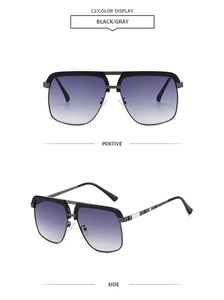 Detail of vintage square sunglasses with blue-purple gradient lenses and metal accents