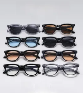 Detailed flat lay of polygon sunglasses in eight retro colors with metal hinge accents