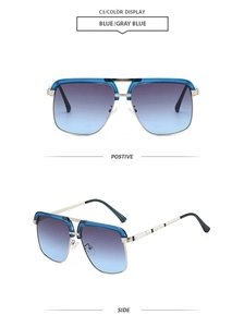 Detail of pilot sunglasses with blue gradient lenses and metallic double bridge frames