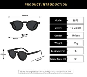 Detailed size chart for vintage round frame sunglasses with technical specifications