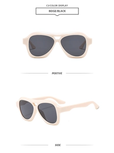 Dettaglio degli occhiali da sole aviator beige con lenti nere vista frontale e laterale