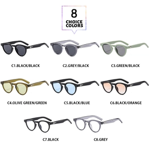 Detail showing eight retro round sunglasses colors with silver star hinges in a 3x3 grid