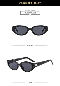 Detailansicht der schwarzen Vintage-Cat-Eye-Sonnenbrille mit silbernen Metallakzenten