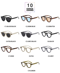 Overview of vintage round frame sunglasses in ten diverse colors and lens tint variations