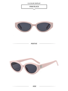 Rosa Cat-Eye-Sonnenbrille mit schwarzen Gläsern, Metallschnalle und Ziernieten an der Seite