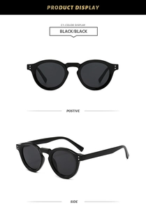 Front and side view of classic round frame sunglasses with silver dot rivet details