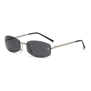 Fashion rimless polygon sunglasses with dark gray lenses and silver metal frames