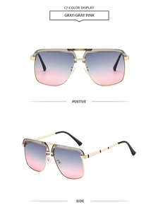 Front and side views of gold double-bridge sunglasses with gray-pink gradient lenses