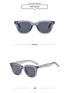 Detailed views of grey polygon sunglasses with metal accents on the transparent frame