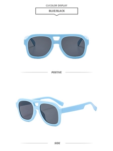 Modern double bridge pilot sunglasses with light blue frames and dark black lenses