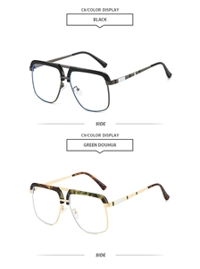Side view detail of retro double-bridge pilot sunglasses in black and green tortoise finish