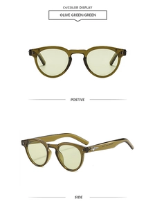 Detailed front and side view of olive green round sunglasses with transparent frame