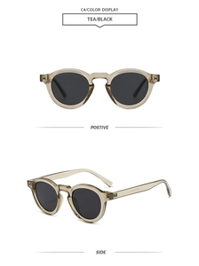 Detail view of tea-colored round frame sunglasses showing positive and side perspectives