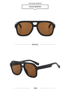 Front and side views of vintage pilot sunglasses with black frame and brown lenses